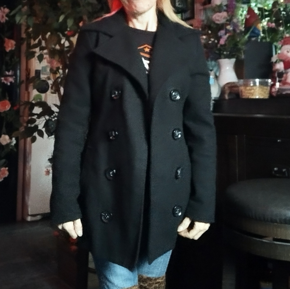Black Wool Blend Double-Breasted Peacoat - Picture 6 of 14